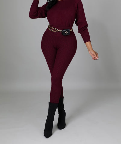 Burgundy Cable Knit Sweater Set